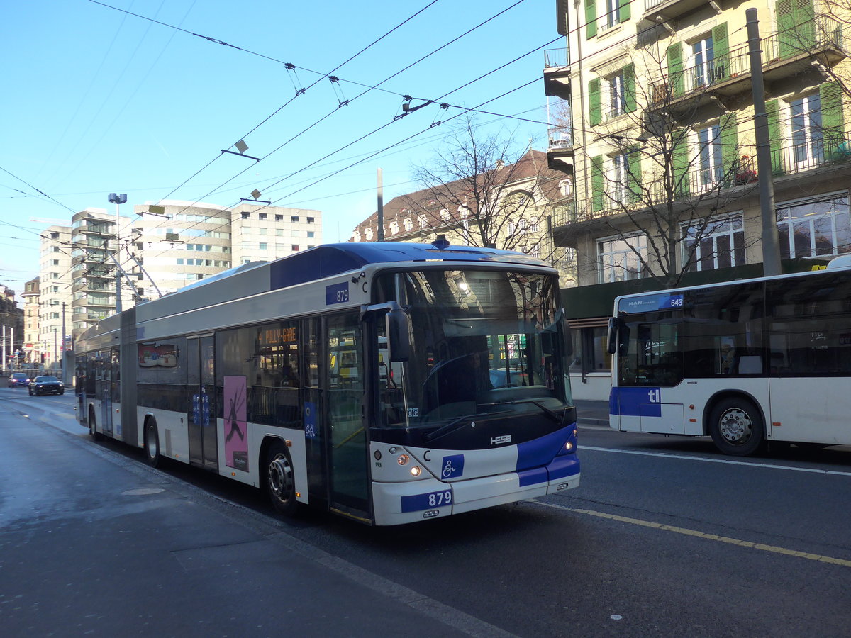 (187'153) - TL Lausanne - Nr. 879 - Hess/Hess Gelenktrolleybus am 23. Dezember 2017 in Lausanne, Chauderon