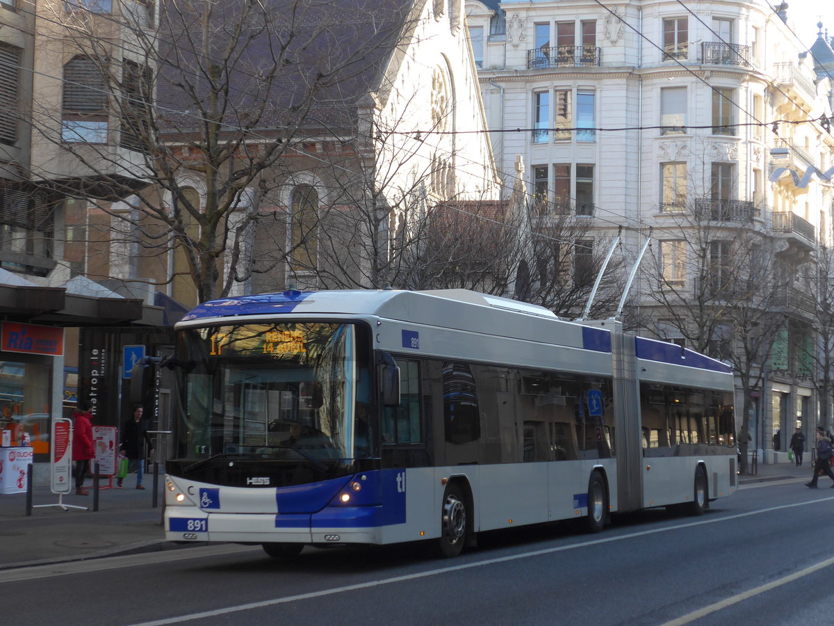 (187'157) - TL Lausanne - Nr. 891 - Hess/Hess Gelenktrolleybus am 23. Dezember 2017 in Lausanne, Chauderon