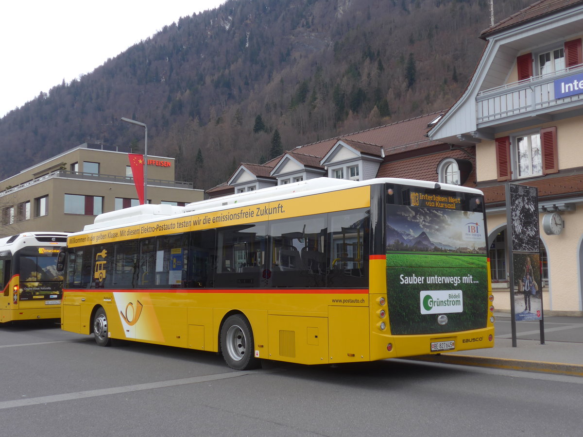 (188'242) - PostAuto Bern - BE 827'645 - Ebusco am 5. Februar 2018 beim Bahnhof Interlaken Ost