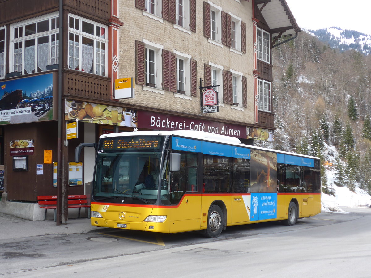 (188'254) - PostAuto Bern - BE 610'539 - Mercedes (ex BE 700'281; ex Schmocker, Stechelberg Nr. 2) am 5. Februar 2018 beim Bahnhof Lauterbrunnen