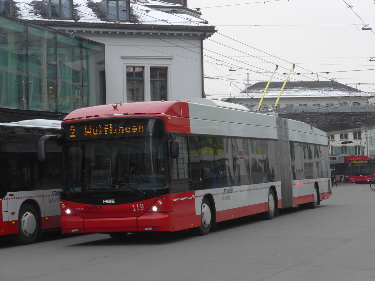 (188'346) - SW Winterthur - Nr. 119 - Hess/Hess Gelenktrolleybus am 8. Februar 2018 beim Hauptbahnhof Winterthur