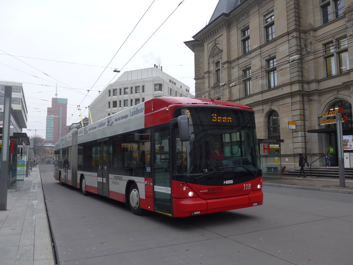 (188'351) - SW Winterthur - Nr. 118 - Hess/Hess Gelenktrolleybus am 8. Februar 2018 beim Hauptbahnhof Winterthur