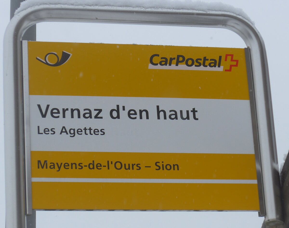(188'413) - PostAuto-Haltestellenschild - Les Agettes, Vernaz d'en haut - am 11. Februar 2018