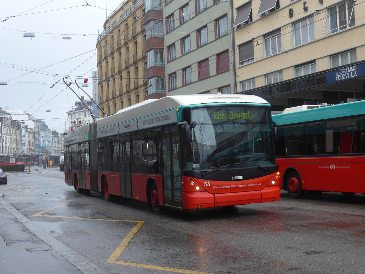 (188'663) - VB Biel - Nr. 56 - Hess/Hess Gelenktrolleybus am 15. Februar 2018 beim Bahnhof Biel