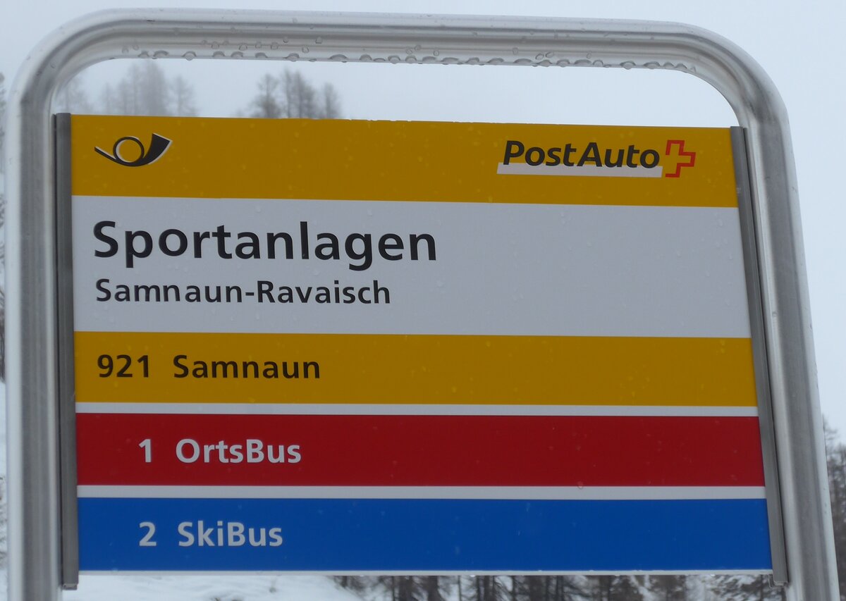 (188'774) - PostAuto/OrtsBus/SkiBus-Haltestellenschild - Samnaun-Ravaisch, Sportanlagen - am 16. Februar 2018