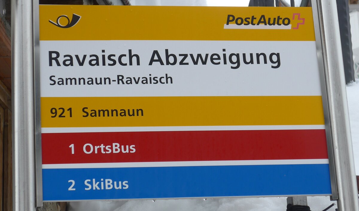 (188'777) - PostAuto/OrtsBus/SkiBus-Haltestellenschild - Samnaun-Ravaisch, Ravaisch Abzweigung - am 16. Februar 2018