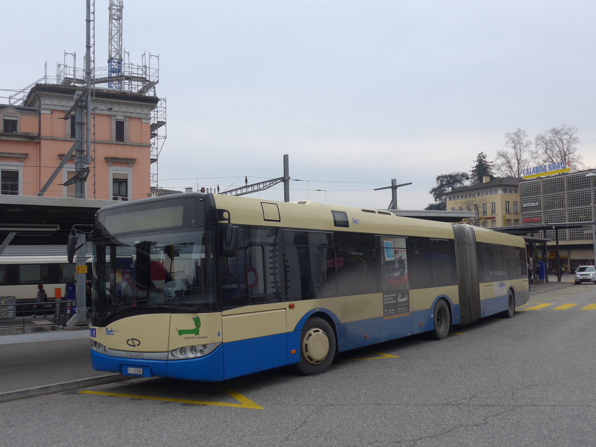 (188'821) - FART Locarno - Nr. 8/TI 41'508 - Solaris am 17. Februar 2018 beim Bahnhof Locarno