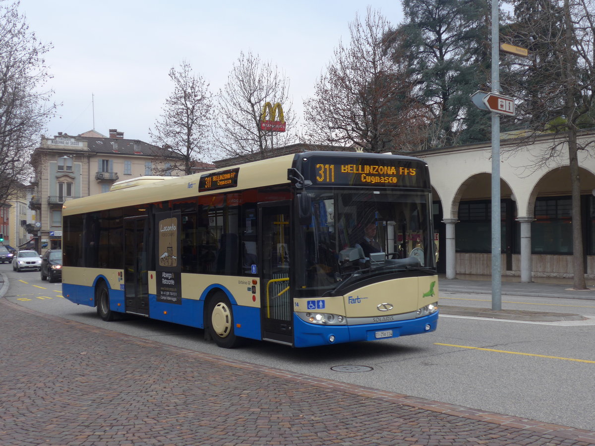 (188'830) - FART Locarno - Nr. 14/TI 256'114 - Solaris am 17. Februar 2018 beim Bahnhof Locarno
