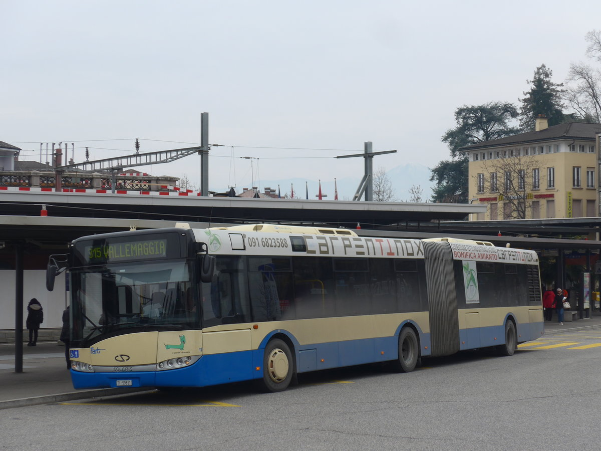 (188'847) - FART Locarno - Nr. 11/TI 59'611 - Solaris am 17. Februar 2018 beim Bahnhof Locarno