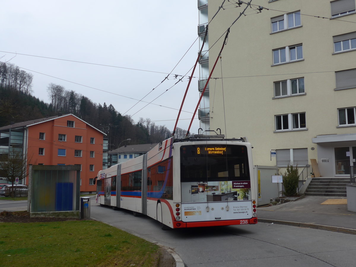 (189'363) - VBL Luzern - Nr. 238 - Hess/Hess Doppelgelenktrolleybus am 17. Mrz 2018 in Luzern, Wrzenbach