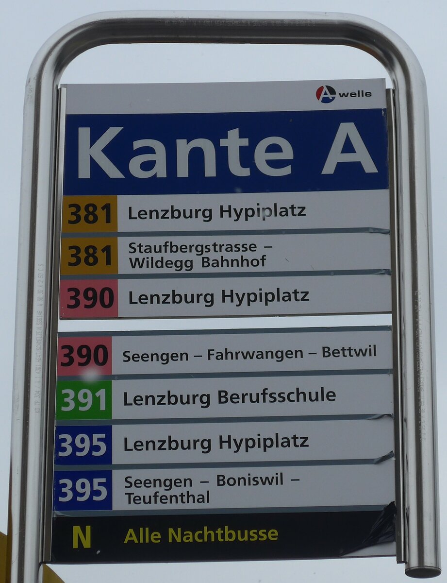 (189'530) - A-welle-Haltestellenschild - Lenzburg, Bahnhof - am 19. Mrz 2018