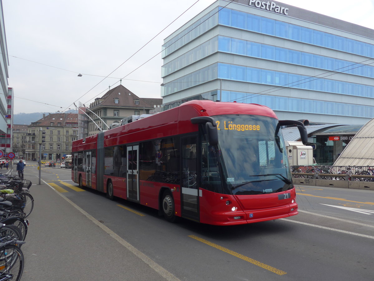(189'616) - Bernmobil, Bern - Nr. 21 - Hess/Hess Gelenktrolleybus am 26. Mrz 2018 in Bern, Schanzenstrasse