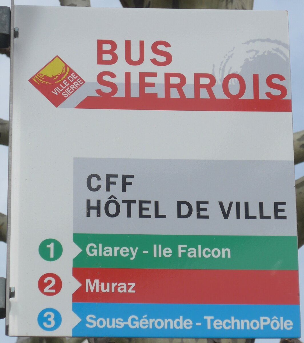 (189'722) - BUS SIERROIS-Haltestellenschild - Sierre, CFF Htel de Ville - am 30. Mrz 2018