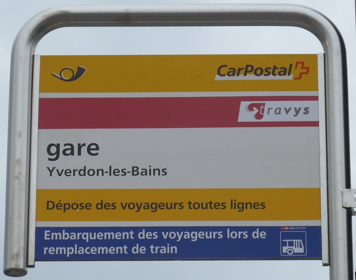 (189'980) - PostAuto/travys-Haltestellenschild - Yverdon-les-Bains, gare - am 2. April 2018