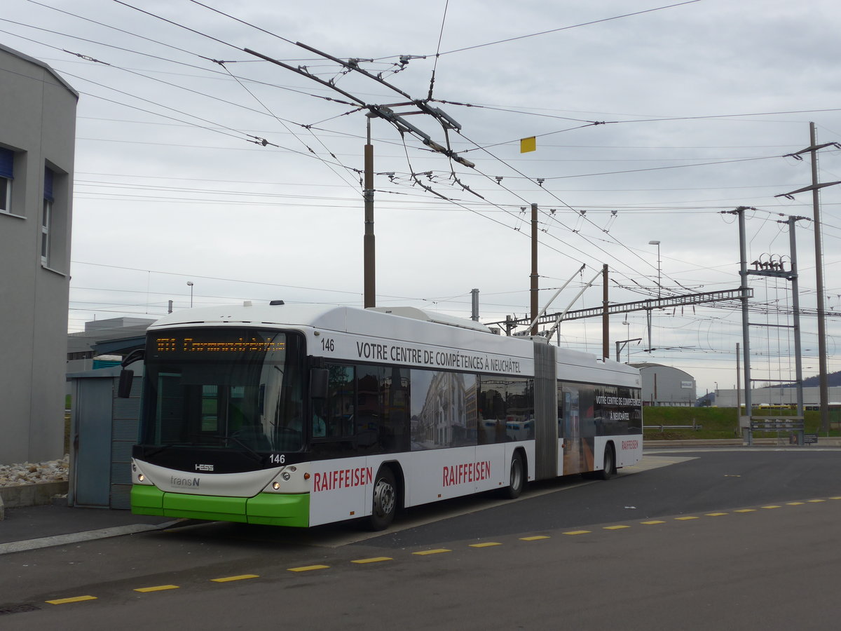 (189'996) - transN, La Chaux-de-Fonds - Nr. 146 - Hess/Hess Gelenktrolleybus (ex TN Neuchtel Nr. 146) am 2. April 2018 beim Bahnhof Marin-Epagnier