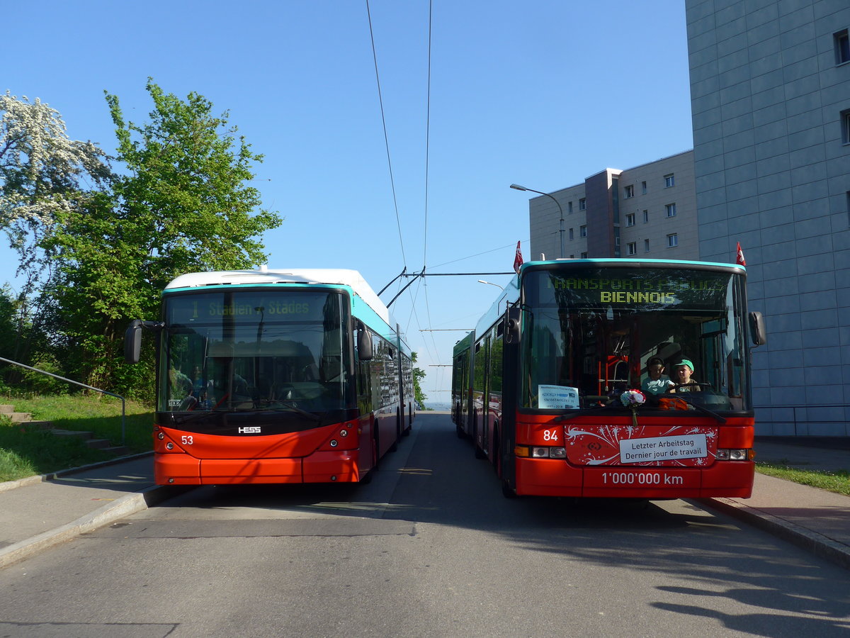 (192'921) - VB Biel - Nr. 53 - Hess/Hess + Nr. 84 - NAW/Hess Gelenktrolleybusse am 6. Mai 2018 in Biel, Vorhlzli