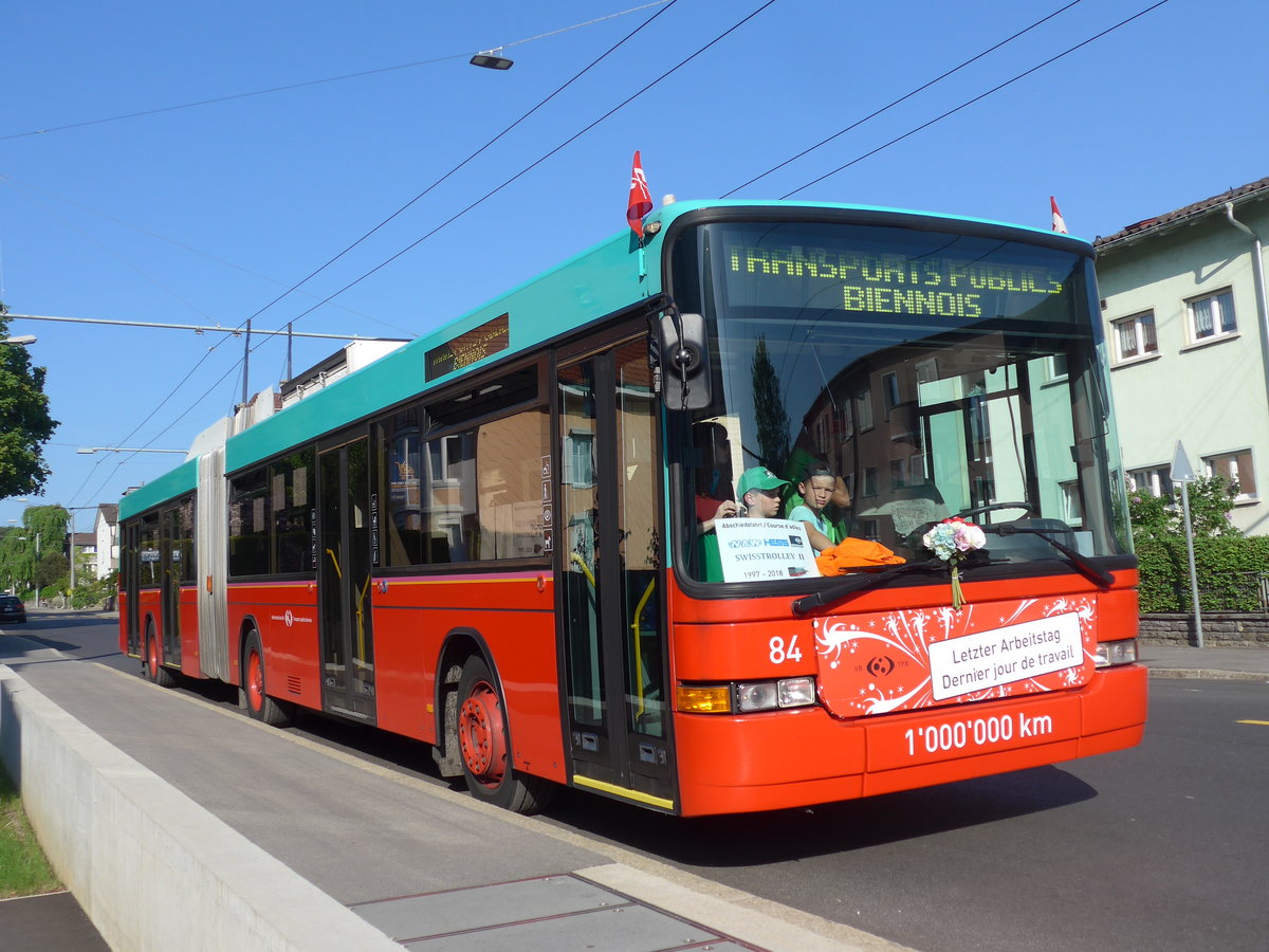 (192'922) - VB Biel - Nr. 84 - NAW/Hess Gelenktrolleybus am 6. Mai 2018 in Biel, Bttenbergstrasse