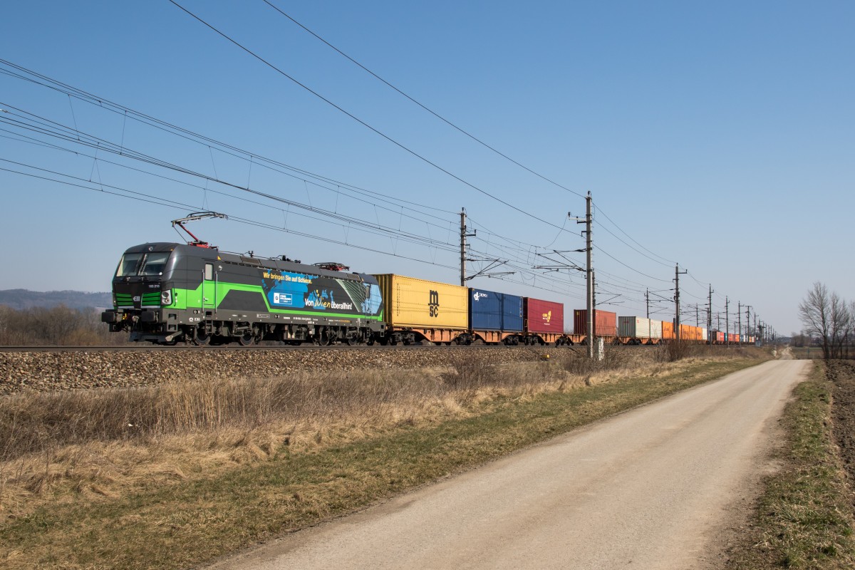 193 213 kam kurze Zeit spter mit einem Containerzug vorbei. Aufgenommen am 18. Mrz 2015 bei Grosierning.