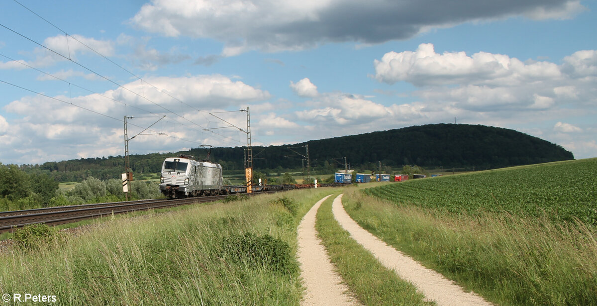 193 997  Pferde  mit einem KLV Zug kurz hinter Treuchtlingen in Richtung Würzburg. 10.06.24
