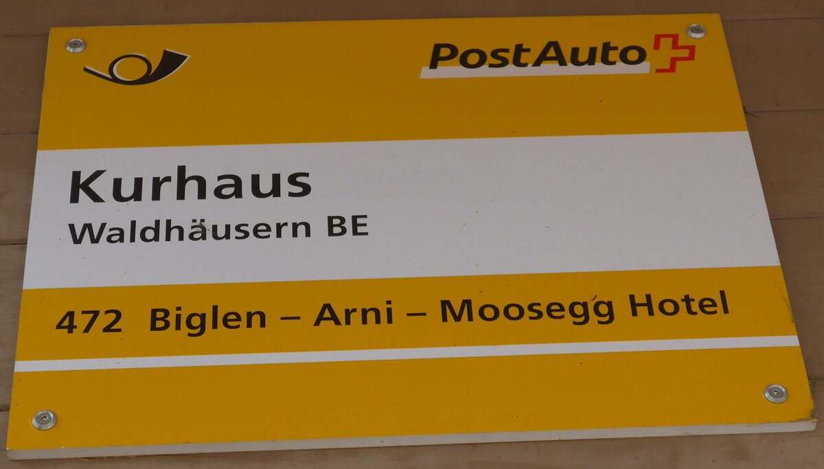 (193'660) - PostAuto-Haltestellenschild - Waldhusern BE, Kurhaus - am 3. Juni 2018