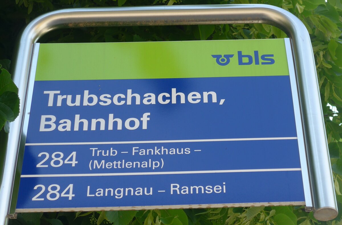 (193'738) - bls-Haltestellenschild - Trubschachen, Bahnhof - am 3. Juni 2018