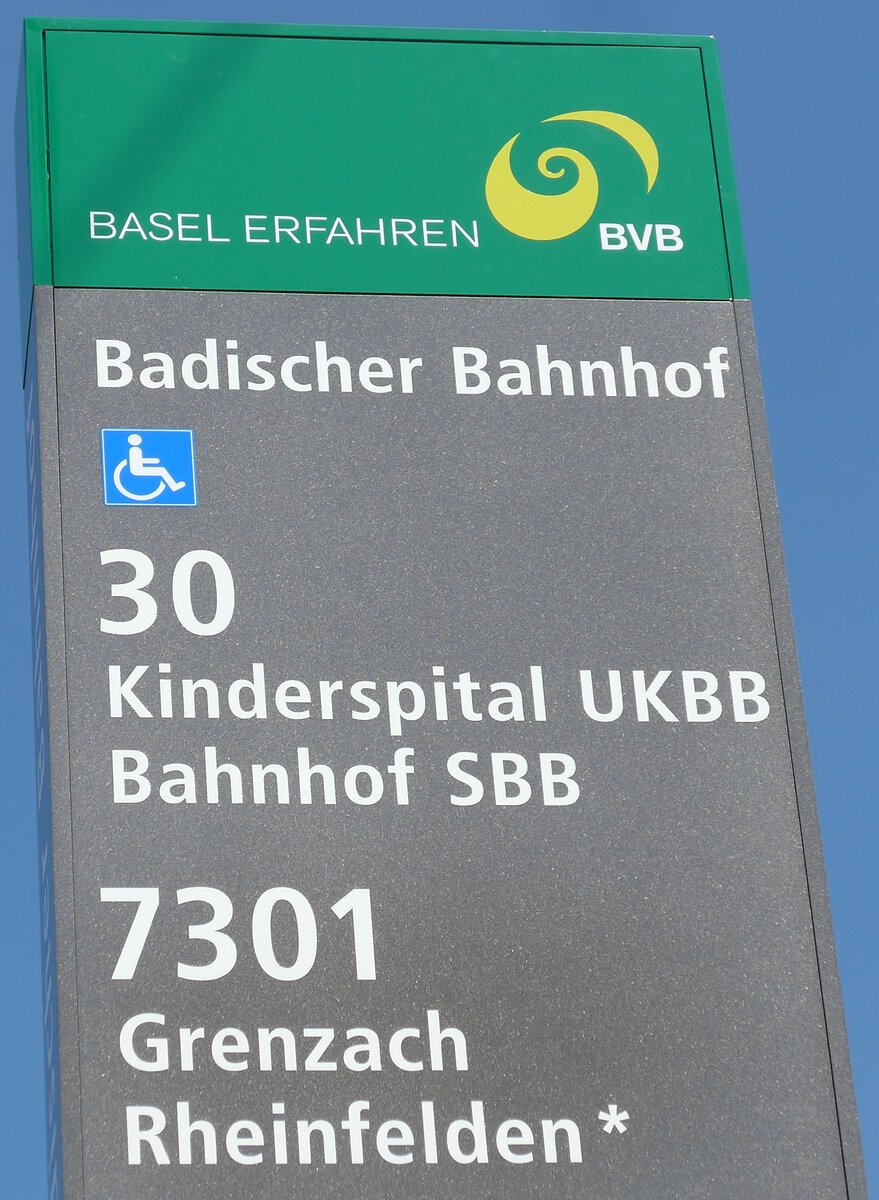 (193'902) - BVB-Haltestellenschild - Basel, Badischer Bahnhof - am 10. Juni 2018