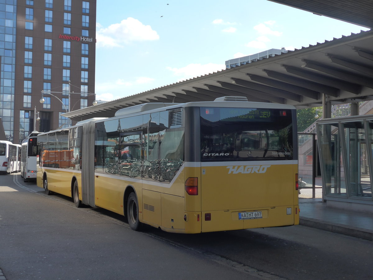 (194'152) - Hagro, Karlsruhe - KA-HT 697 - Mercedes (ex Marxer, FL-Mauren; ex Eurobus, CH-Arbon Nr. 11) am 18. Juni 2018 beim Bahnhof Freiburg