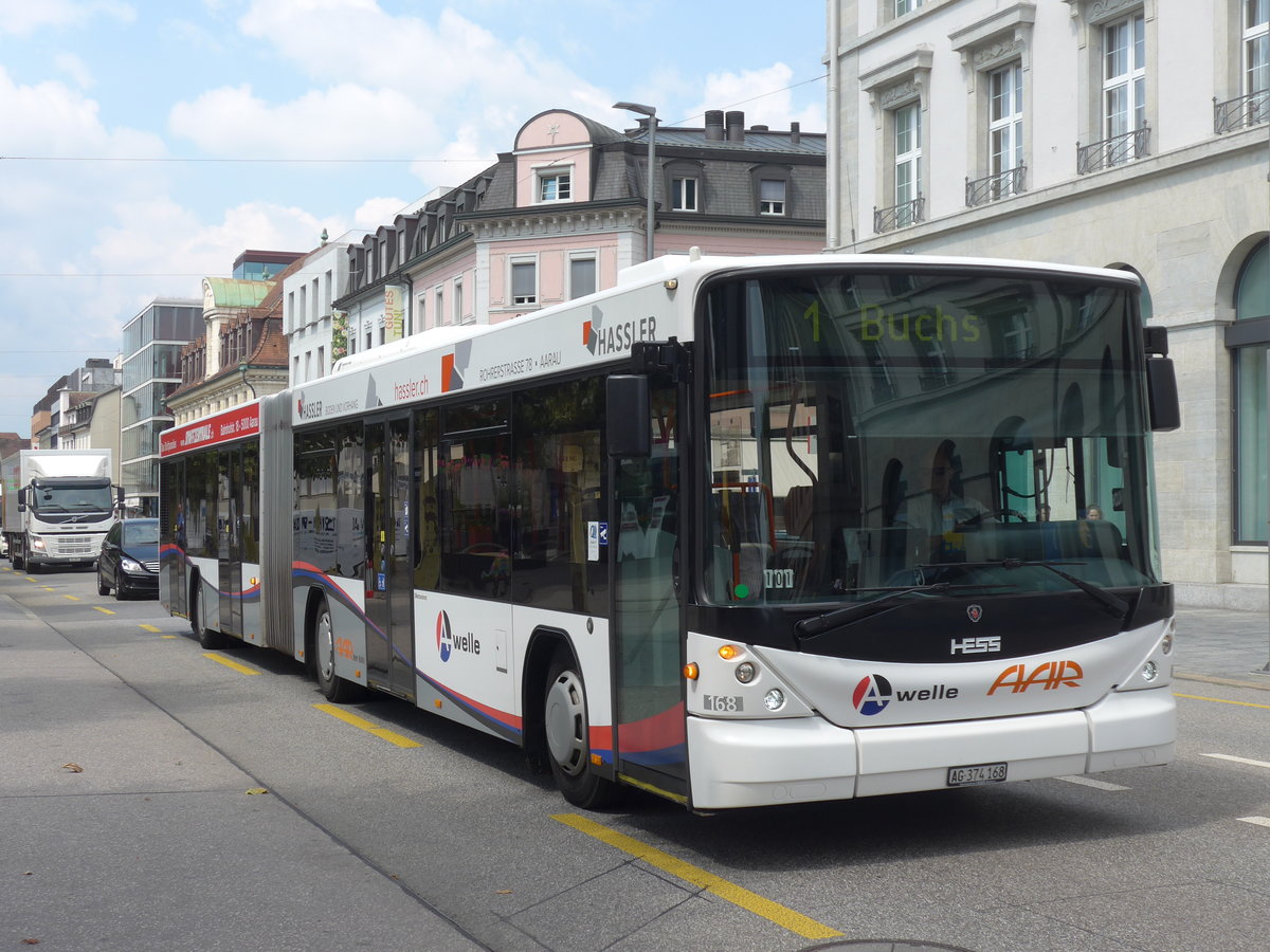 (195'082) - AAR bus+bahn, Aarau - Nr. 168/AG 374'168 - Scania/Hess am 23. Juli 2018 beim Bahnhof Aarau