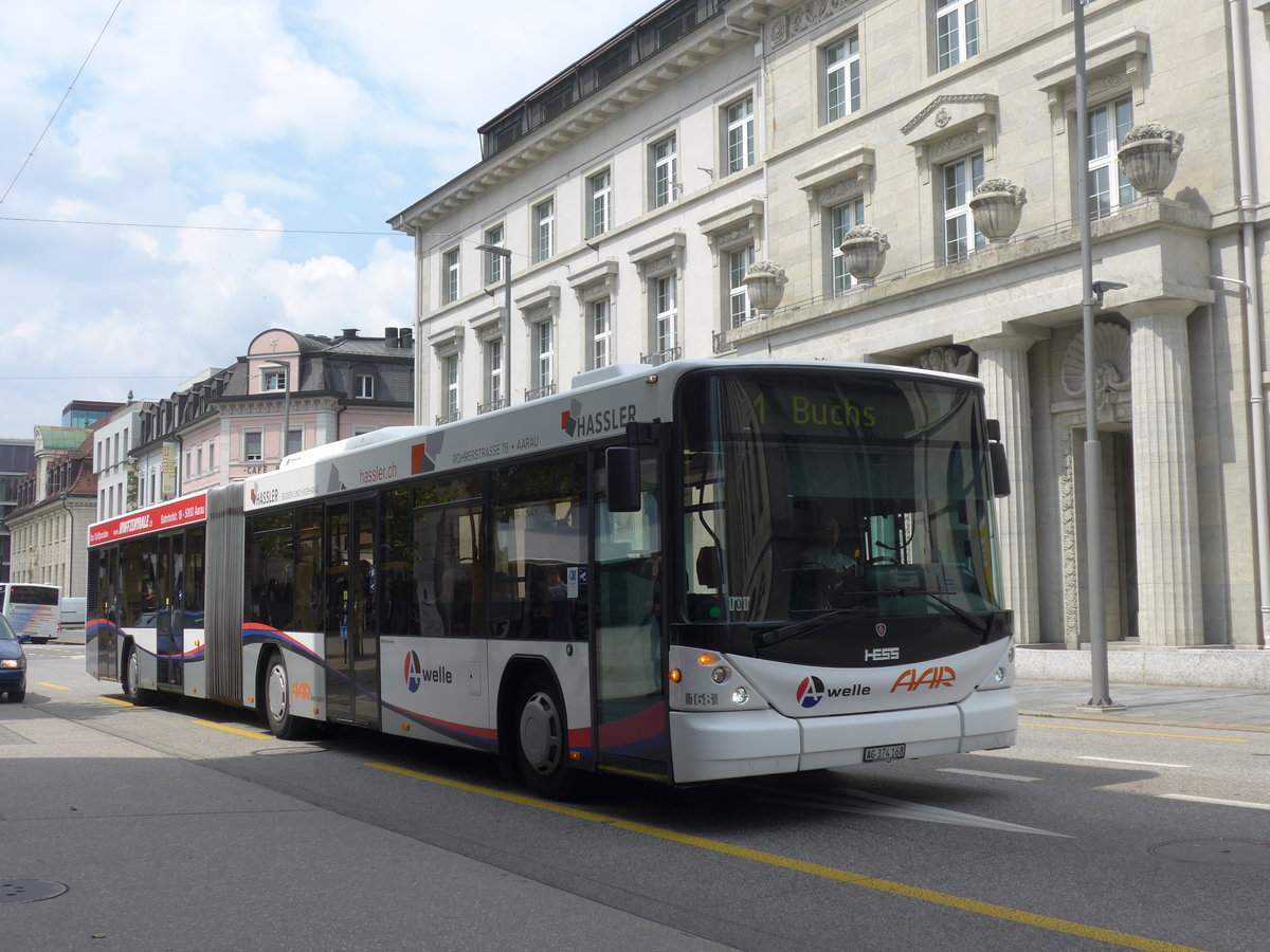 (195'110) - AAR bus+bahn, Aarau - Nr. 168/AG 374'168 - Scania/Hess am 23. Juli 2018 beim Bahnhof Aarau