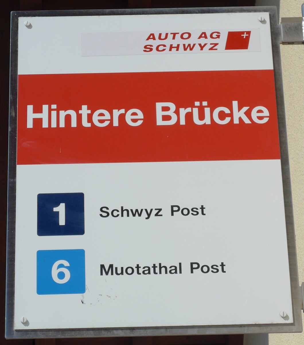 (195'396) - AUTO AG SCHWYZ-Haltestellenschild - Muotathal, Hintere Brcke - am 1. August 2018