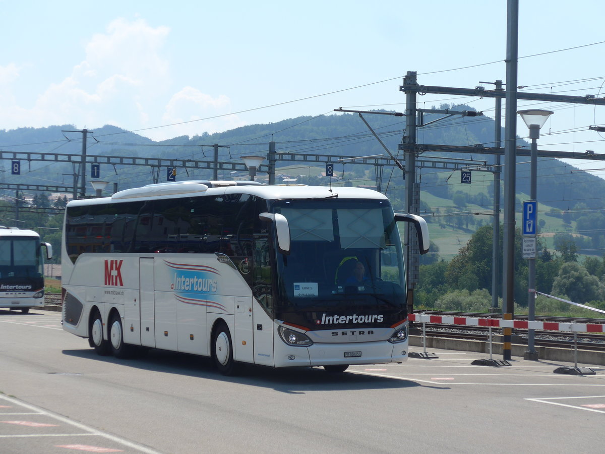 (195'583) - Intertours, Domdidier - FR 300'653 - Setra am 5. August 2018 beim Bahnhof Palzieux