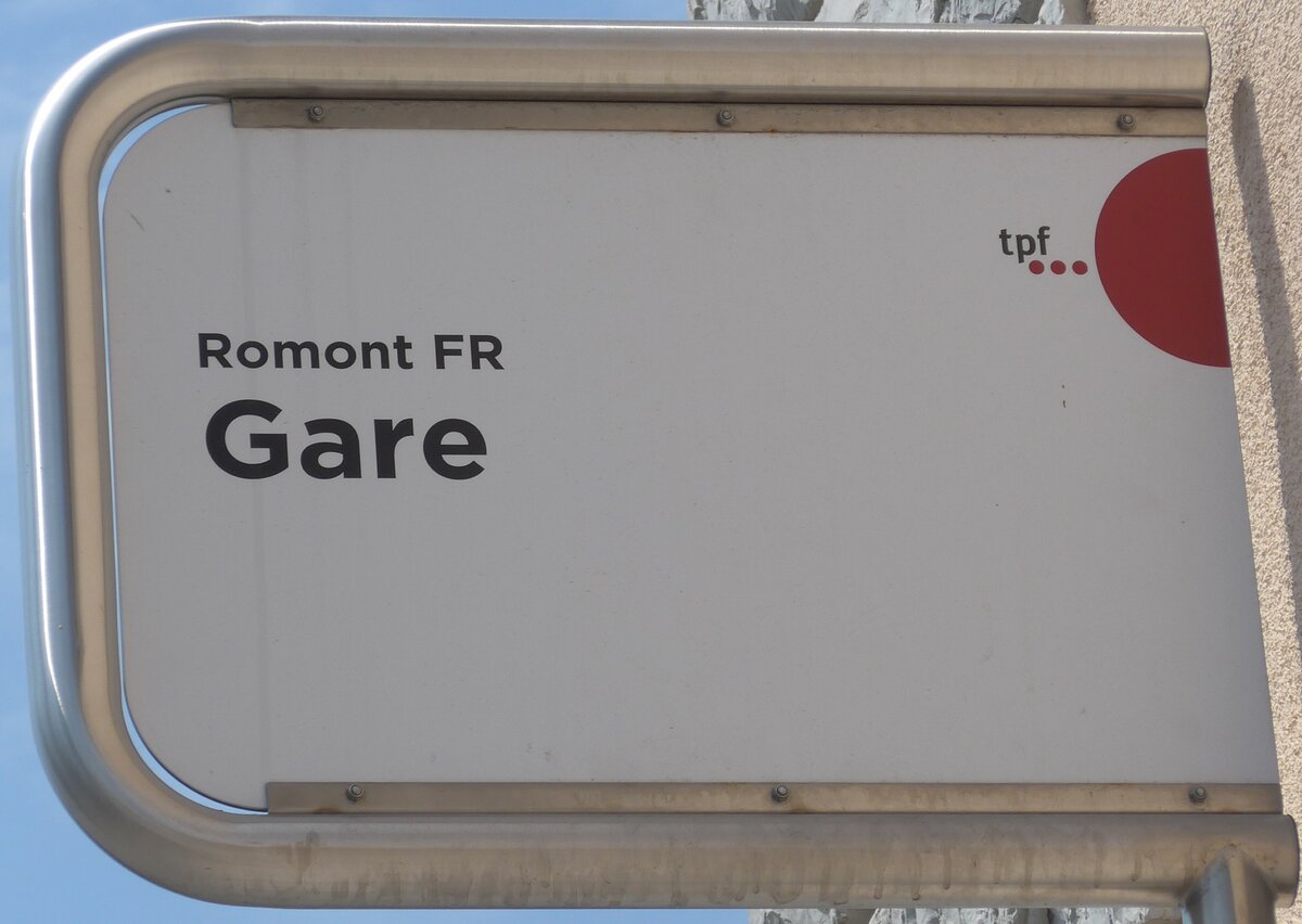 (195'681) - tpf-Haltestellenschild - Romont FR, Gare - am 6. August 2018