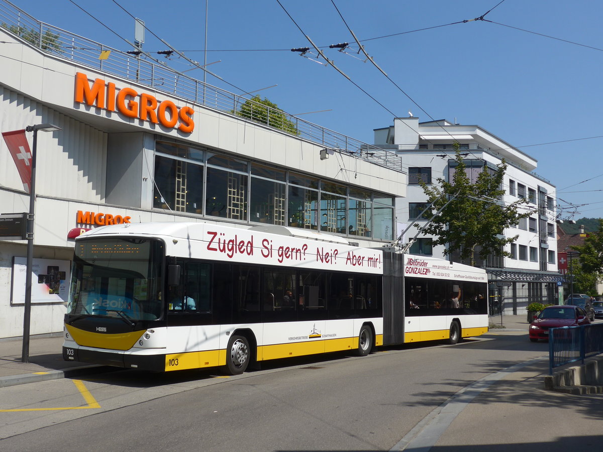 (196'105) - VBSH Schaffhausen - Nr. 103 - Hess/Hess Gelenktrolleybus am 20. August 2018 in Neuhausen, Zentrum