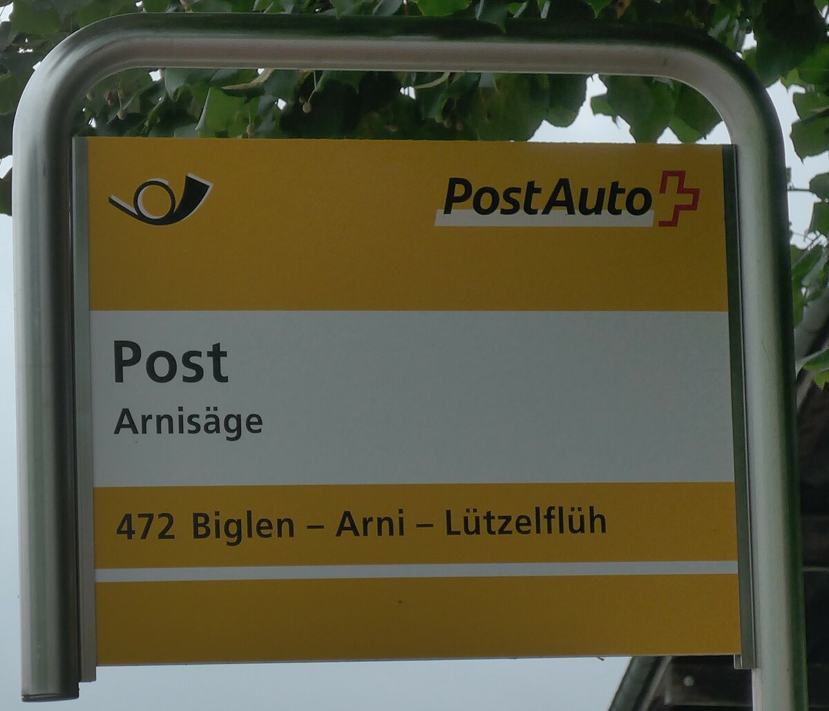 (196'386) - PostAuto-Haltestellenschild - Arnisge, Post - am 2. September 2018