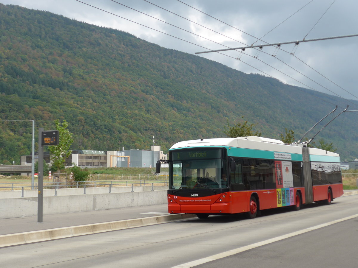 (196'489) - VB Biel - Nr. 52 - Hess/Hess Gelenktrolleybus am 3. September 2018 in Biel, Stadien
