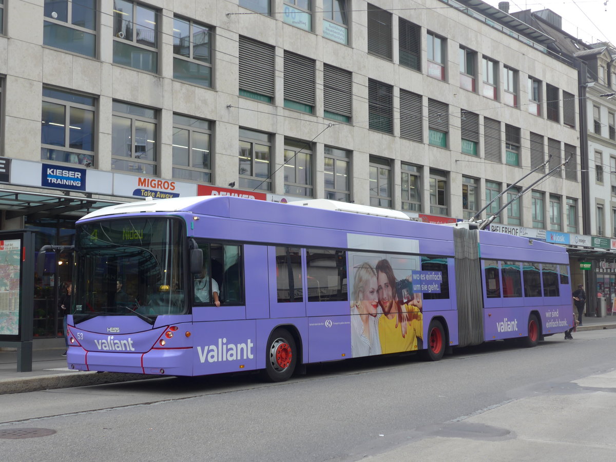 (196'532) - VB Biel - Nr. 53 - Hess/Hess Gelenktrolleybus am 3. September 2018 in Biel, Guisanplatz