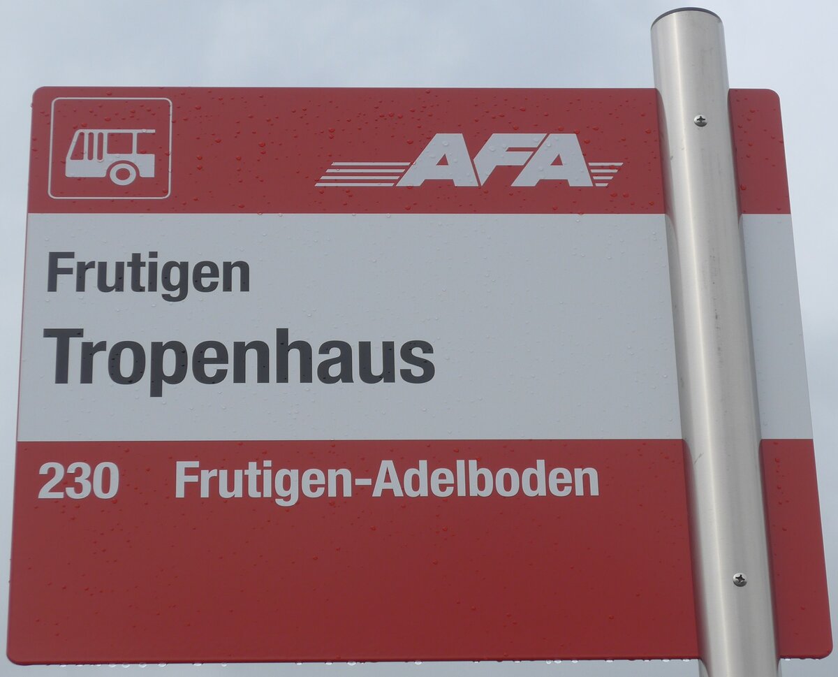(198'071) - AFA-Haltestellenschild - Frutigen, Tropenhaus - am 1. Oktober 2018