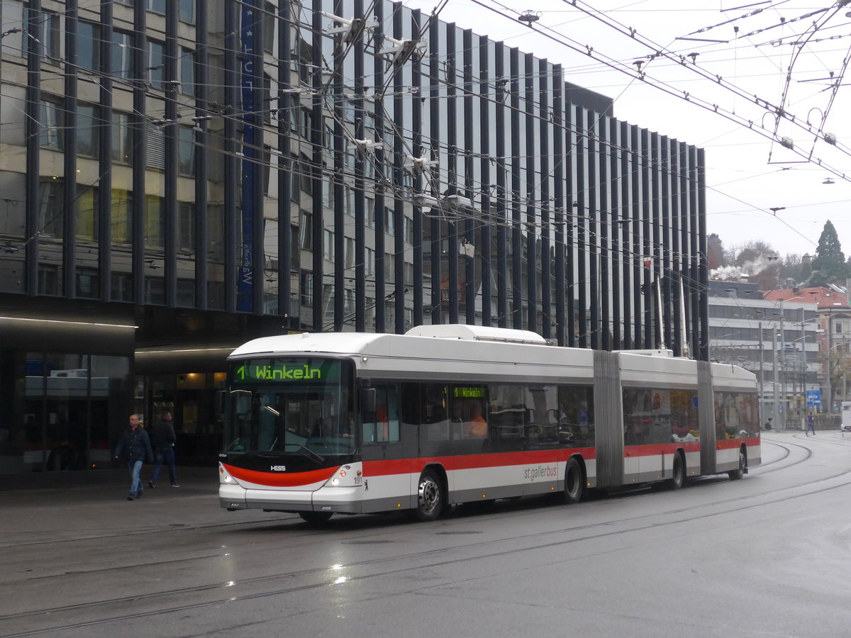 (199'481) - St. Gallerbus, St. Gallen - Nr. 191 - Hess/Hess Doppelgelenktrolleybus am 24. November 2018 beim Bahnhof St. Gallen