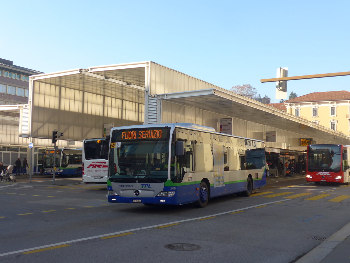 (199'695) - TPL Lugano - Nr. 309/TI 75'804 - Mercedes am 7. Dezember 2018 in Lugano, Centro