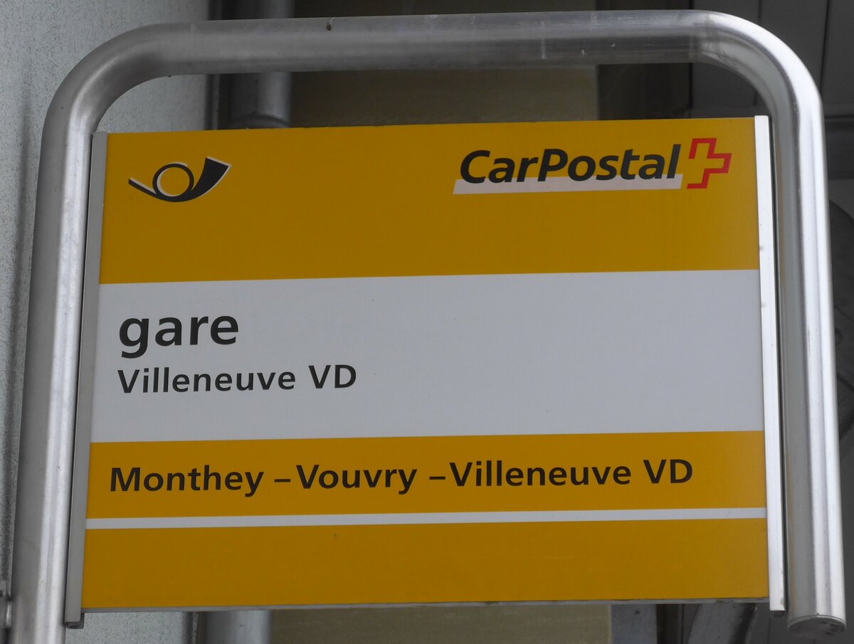 (200'036) - PostAuto-Haltestellenschild - Villeneuve VD, gare - am 17. Dezember 2018