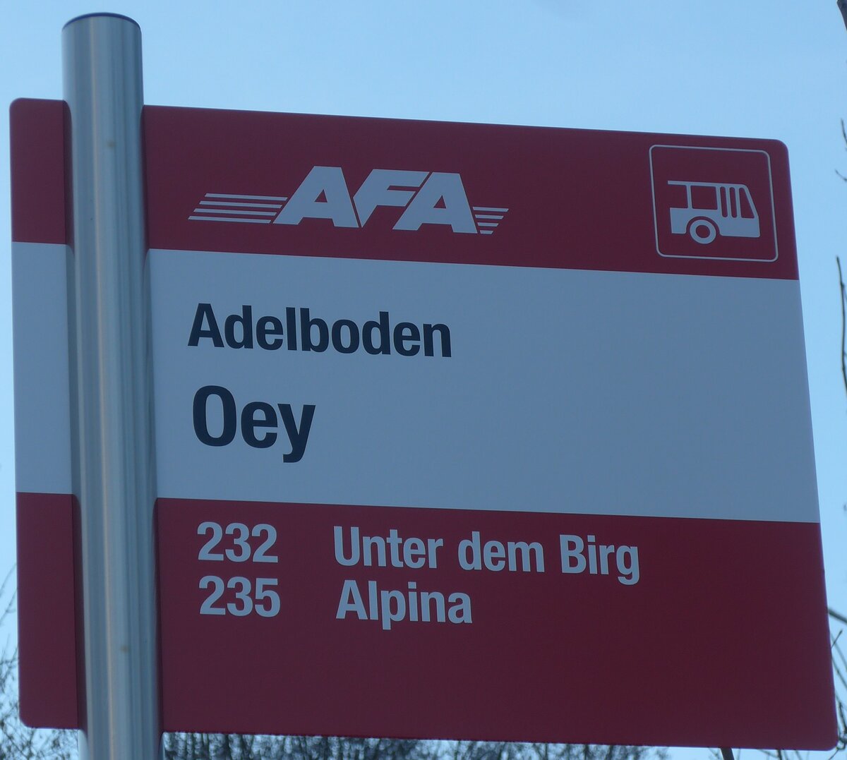 (200'239) - AFA-Haltestellenschild - Adelboden, Oey - am 25. Dezember 2018