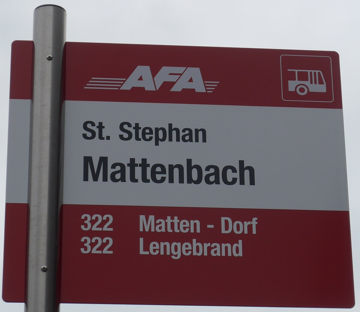 (200'648) - AFA-Haltestellenschild - St. Stephan, Mattenbach - am 6. Januar 2019