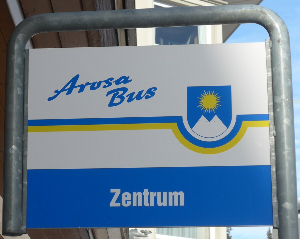 (201'272) - Arosa-Bus-Haltestellenschild - Arosa, Zentrum - am 19. Januar 2019
