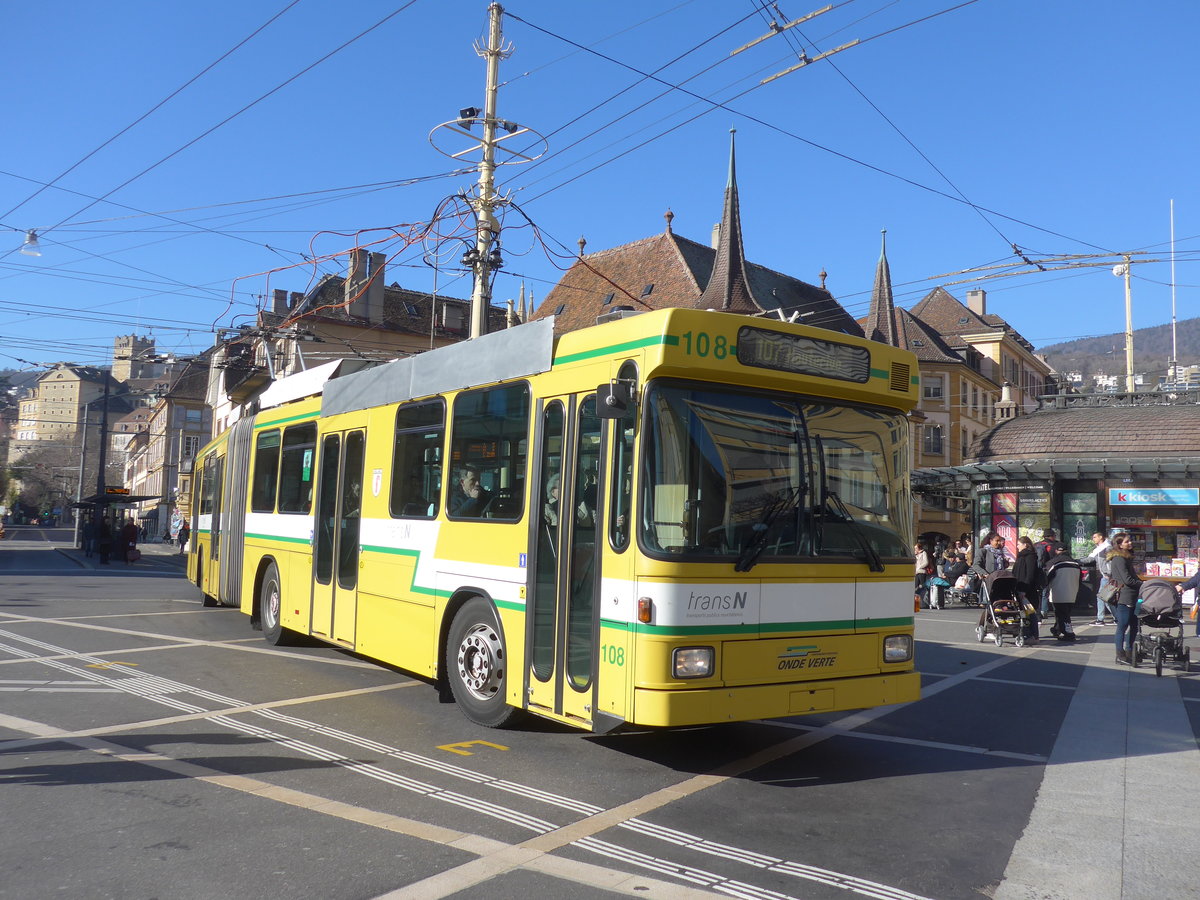 (201'639) - transN, La Chaux-de-Fonds - Nr. 108 - NAW/Hess Gelenktrolleybus (ex TN Neuchtel Nr. 108) am 16. Februar 2019 in Neuchtel, Place Pury