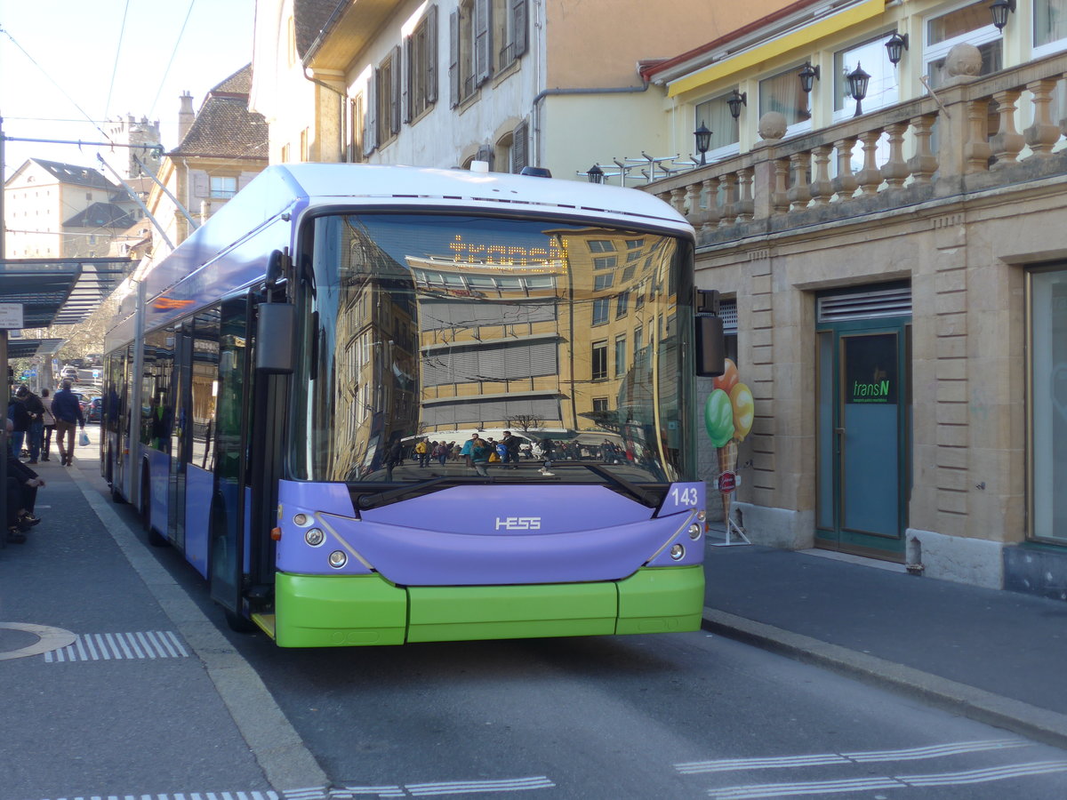 (201'640) - transN, La Chaux-de-Fonds - Nr. 143 - Hess/Hess Gelenktrolleybus (ex TN Neuchtel Nr. 143) am 16. Februar 2019 in Neuchtel, Place Pury