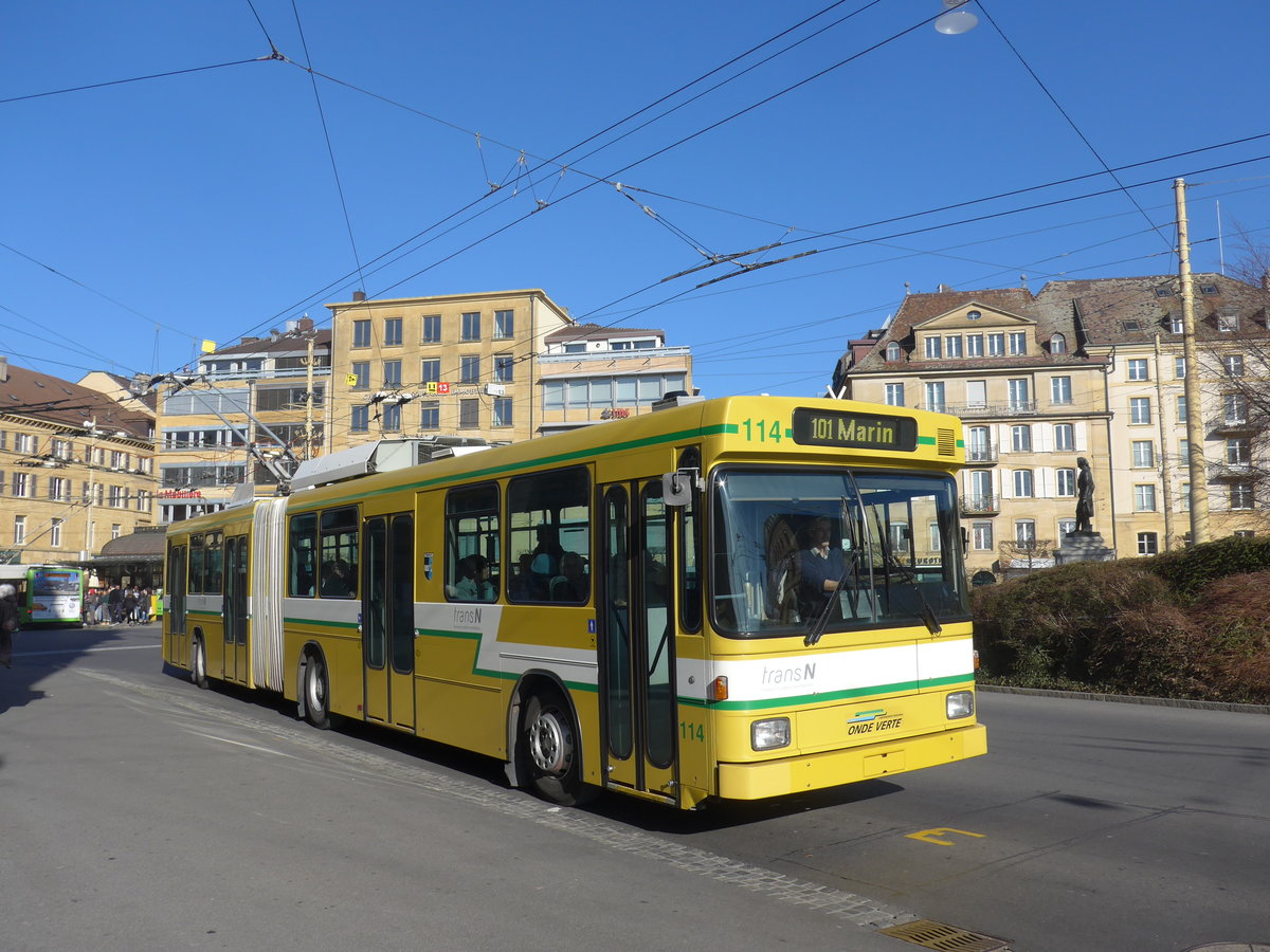 (201'654) - transN, La Chaux-de-Fonds - Nr. 114 - NAW/Hess Gelenktrolleybus (ex TN Neuchtel Nr. 114) am 16. Februar 2019 in Neuchtel, Place Pury
