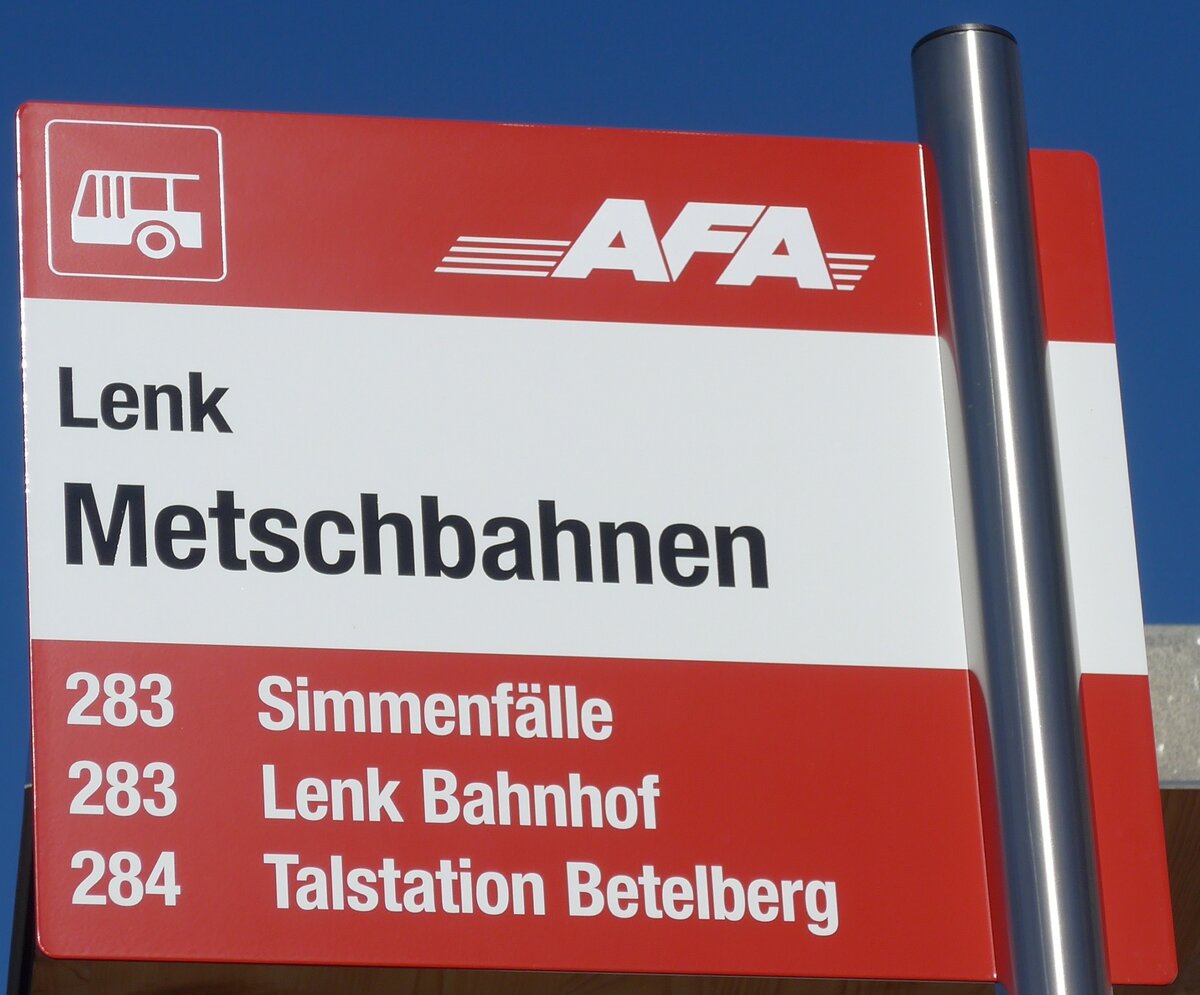 (201'675) - AFA-Haltestellenschild - Lenk, Metschbahnen - am 17. Februar 2019