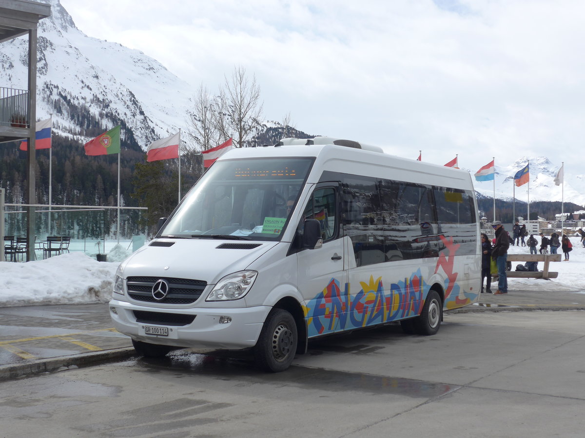 (202'049) - SBC Chur - Nr. 114/GR 100'114 - Mercedes (ex Vorfhrfahrzeug) am 10. Mrz 2019 beim Bahnhof St. Moritz