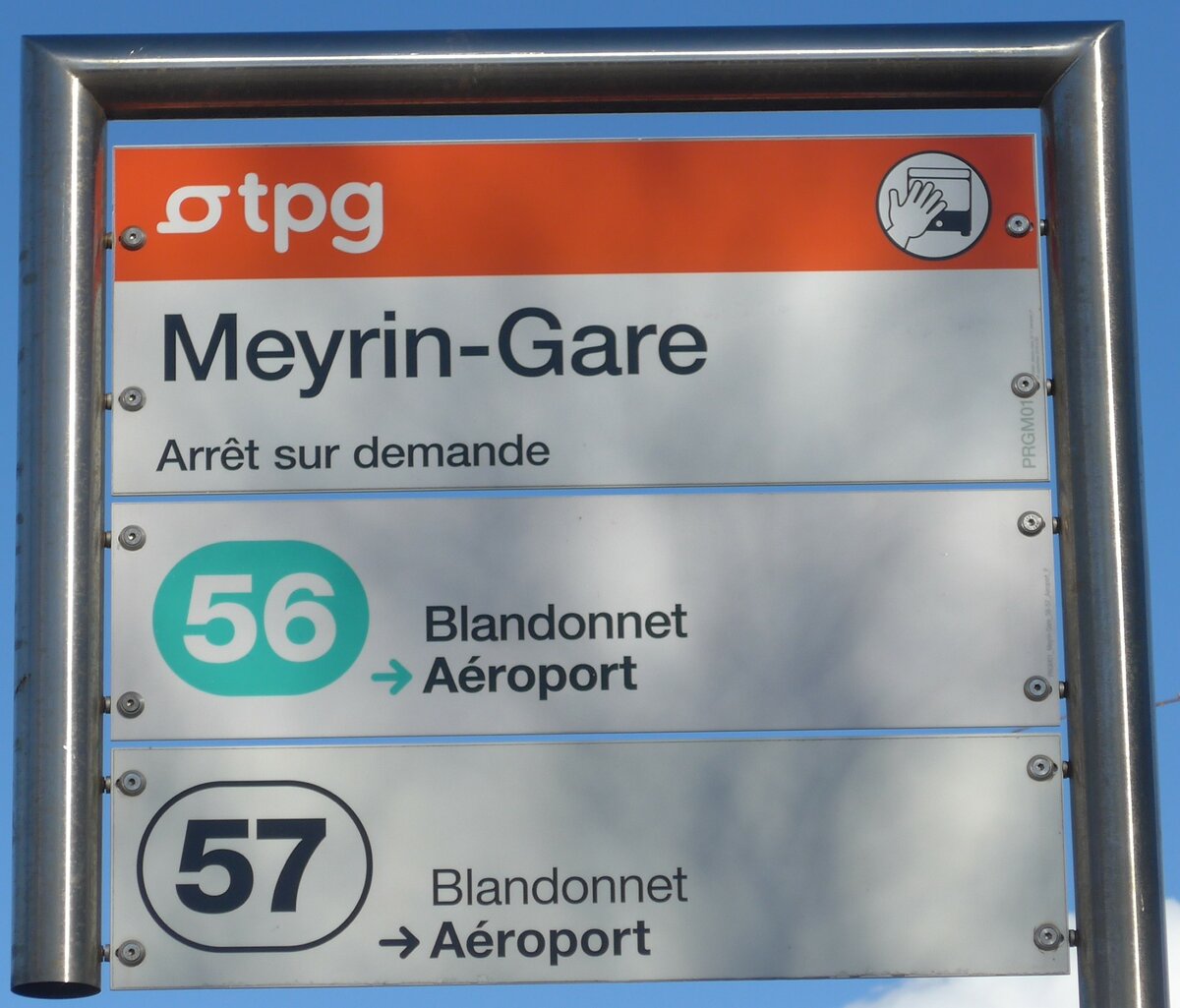 (202'314) - tpg-Haltestellenschild - Meyrin, Meyrin-Gare - am 11. Mrz 2019