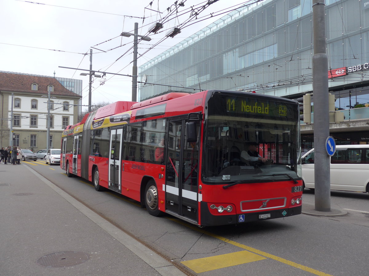 (202'360) - Bernmobil, Bern - Nr. 827/BE 612'827 - Volvo am 12. Mrz 2019 beim Bahnhof Bern